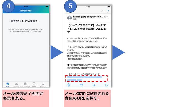 ④メール送信完了画面が表示される。⑤メール本文に記載された青色のURLを押す。