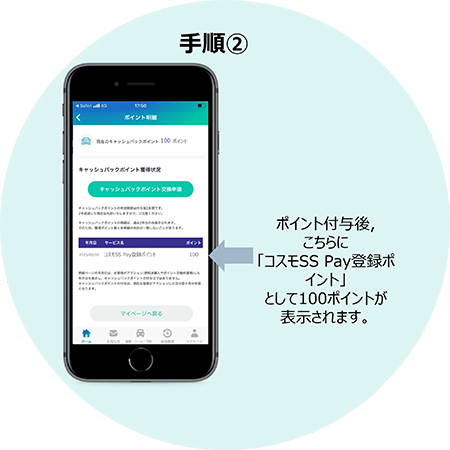 ポイント付与後、こちらに「コスモSS Pay登録ポイント」として100ポイントが表示されます。